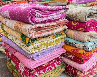 Colorful Kantha Blanket - Hand-Stitched Bengali Bedspread - 55x85 Inches