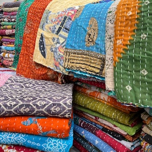 Handmade Kantha Comforter - Tropical Floral Print Quilt - Bohemian Style Blanket image 5