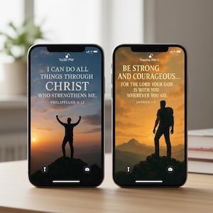 Puede incluir: Dos smartphones con fondos inspiradores. Uno muestra una silueta con el texto "I CAN DO ALL THINGS THROUGH CHRIST" y "Filipenses 4:13". El otro muestra una persona en una montaña con el texto "BE STRONG AND COURAGEOUS..." y "Josué 1:9".