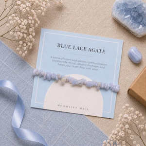 May include: A light blue bracelet made of small, irregular stones, displayed on a card that reads "BLUE LACE AGATE." The card also includes text about the stone's properties. Additional blue crystals and a ribbon are also visible.