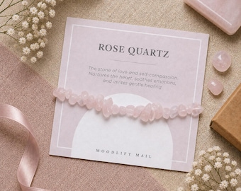 Braccialetto con schegge di quarzo rosa / Regalo per l'amor proprio e la guarigione emotiva con biglietto di affermazione