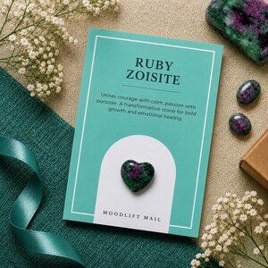 Ruby Zoisite Heart Pocket Crystal | Personal Growth Gift with Affirmation Card