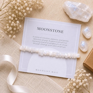 Moonstone Crystal Chip Bracelet | Intuition & Balance Gift with Affirmation Card