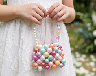 Kids Mini Beaded Handbag Candy Color | Handmade Acrylic Purse | Faux Pearl Handle | Princess Dress Up Party Bag