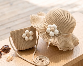 Mädchen Stroh Sonnenhut und Geldbörse Set, Daisy Sommer Strand Hut, Kinder Umhängetasche, UV-Schutz mit breiter Krempe, Urlaubs Outfit 3-8Y
