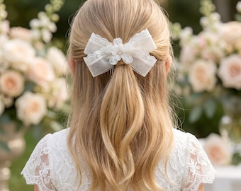 Beige Organza Lace Bow Hair Comb, Rhinestone Flower Girl Hair Accessory, Bridal Bridesmaid Hairpiece, 5 Tooth Metal Comb, Wedding Baptism