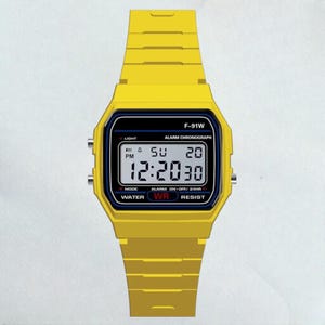 May include: A yellow digital watch with a black and blue display. The watch face displays the time, day, and date. The watch band and case are yellow. The watch has the text "F-91W" and "WATER WR RESIST".