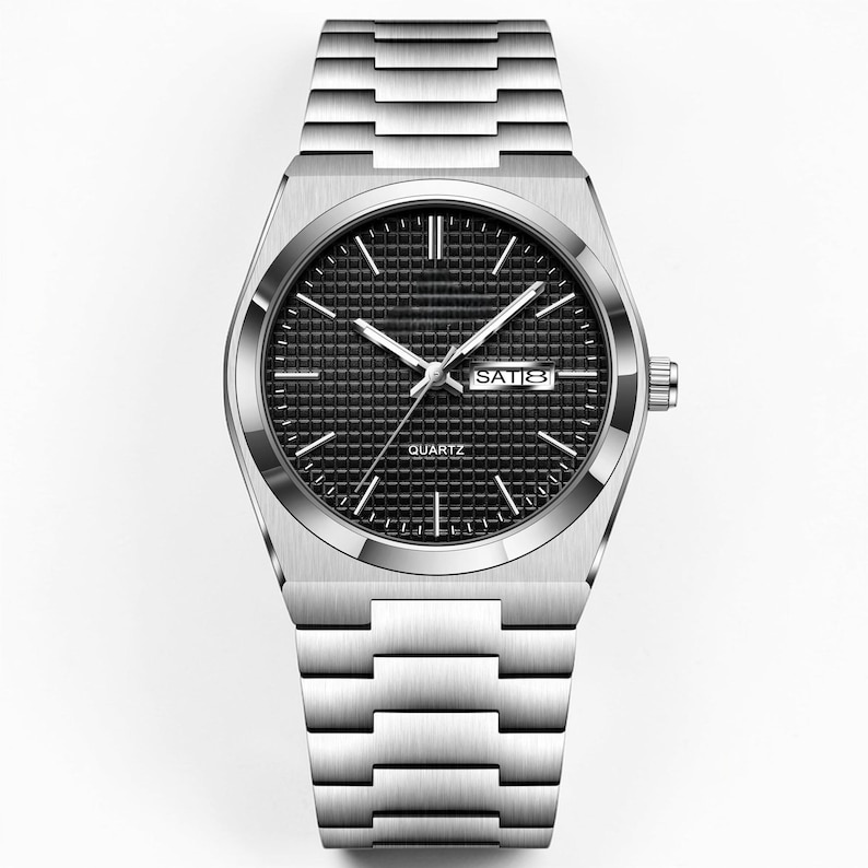 May include: A silver-toned quartz watch with a black checkered face. The watch features silver hands and markers, a date display, and a silver link band. The word "QUARTZ" is printed on the watch face.