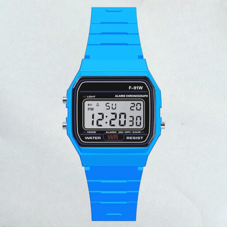May include: A bright blue digital wristwatch with a black display. The watch face shows the time, day, and date. The watch has the text "F-91W" and "WATER WR RESIST". The watch band is also bright blue.