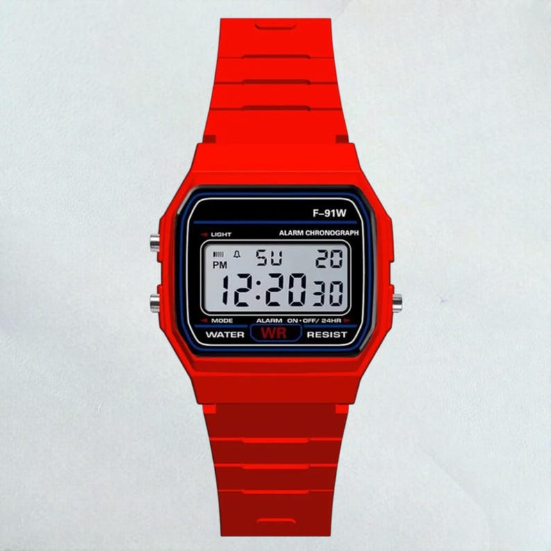 May include: A bright red digital watch with a rectangular black display. The watch face shows the time, day, and date. The watch band and case are also red. The watch has the text "F-91W" and "WATER WR RESIST".