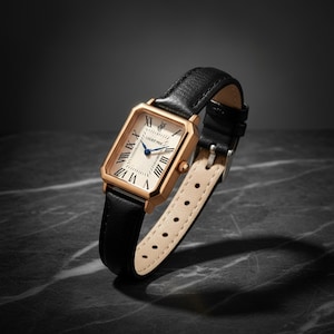 Könnte beinhalten: Eine goldfarbene rechteckige Uhr mit cremefarbenem Zifferblatt und schwarzem Lederarmband. Das Zifferblatt der Uhr zeigt römische Ziffern und blaue Zeiger. Das Armband wird mit einer silbernen Schnalle befestigt. Die Uhr ist mit "LEGACY FOX" versehen.