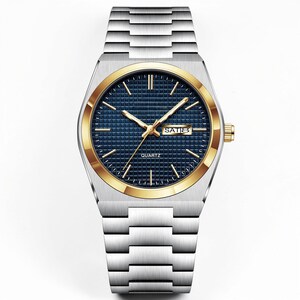 May include: A silver-toned wristwatch with a gold-colored bezel and a blue dial. The watch features gold-colored hands and hour markers, with the day of the week displayed. The watch band is made of silver-toned metal.