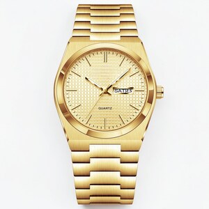 May include: A gold-toned wristwatch with a square face and a matching link band. The watch face features a textured pattern, hands, and the day of the week. The word "QUARTZ" is printed on the watch face.