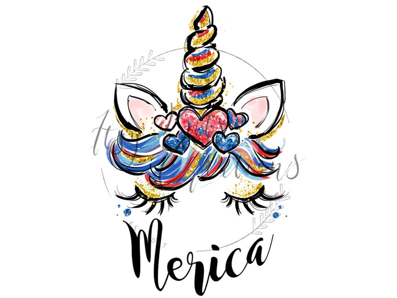 May include: A whimsical unicorn face with a red, white and blue mane and horn. The unicorn has gold glitter accents and blue hearts around its eyes. The word "Merica" is written below the unicorn.