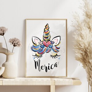 May include: A white unicorn head with a gold glitter horn and blue, red, and white mane. The unicorn has red hearts around its eyes and the word "Merica" written below.