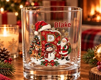 Vaso de whisky navideño personalizado con inicial, monograma, regalo festivo para las fiestas.