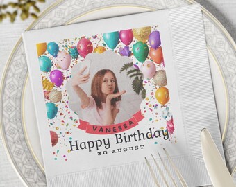 Personalisierte Geburtstagsservietten Kundenspezifisches Foto für Kinderparty Buntes Konfetti