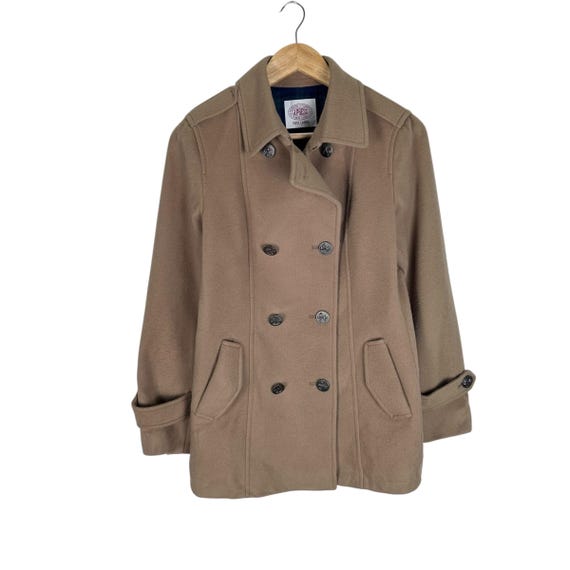 J.Press, Vintage J.Press Red Label Wool Pea Coat Women Camel Brown Double Breasted Jacket Size M