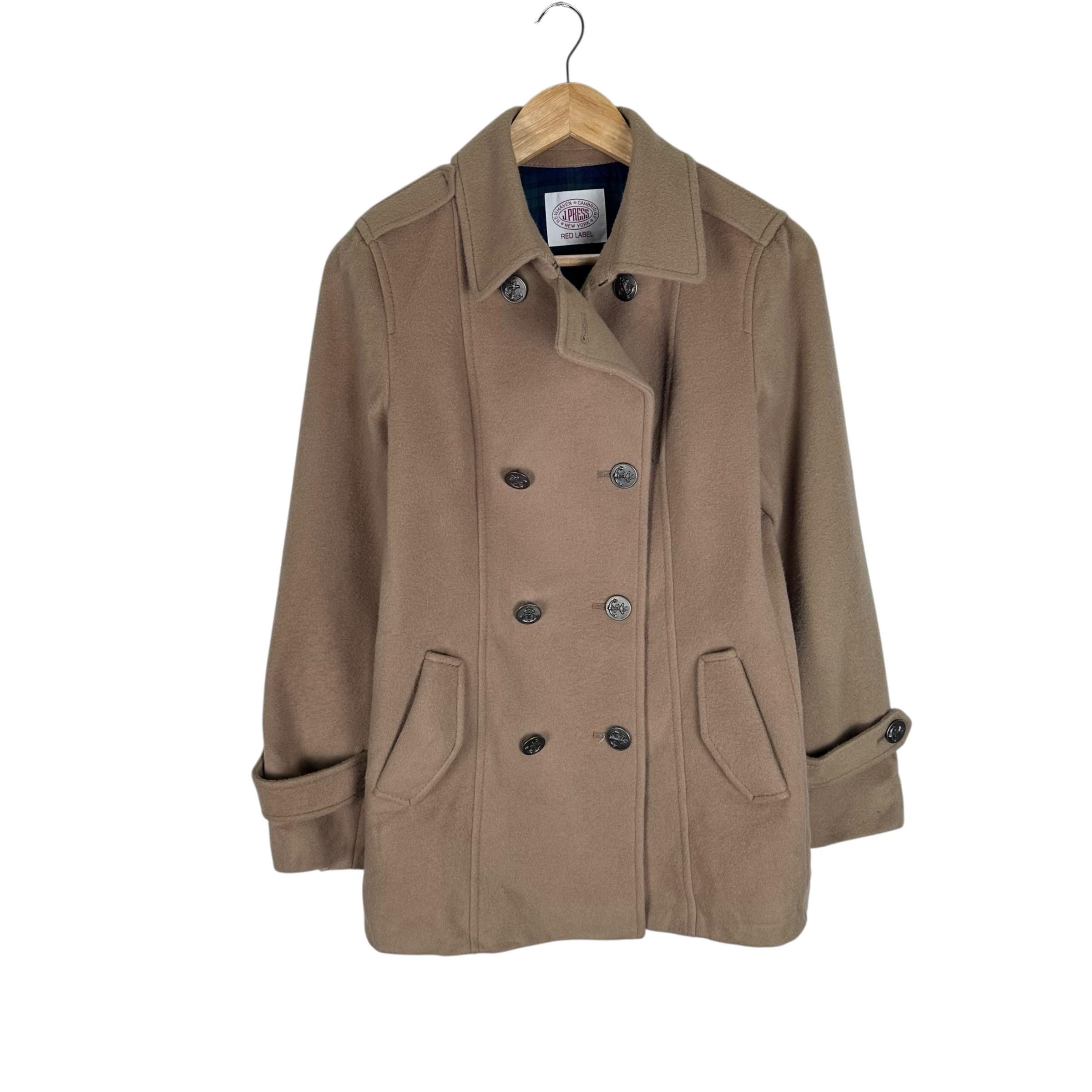 J.Press, Vintage J.Press Red Label Wool Pea Coat Women Camel Brown Double Breasted Jacket Size M