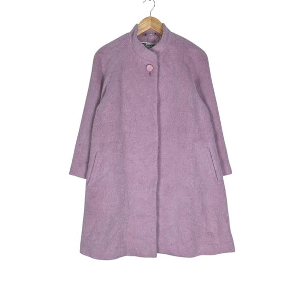 Balmain, Vintage Pierre Balmain Paris Japan Wool Long Jacket High Collar Pastel Purple Coat Women