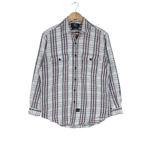 May include: A long-sleeved, button-down shirt with a plaid pattern in white, burgundy, and green. The shirt has two chest pockets and a small black tag near the bottom. It is hanging on a wooden hanger.