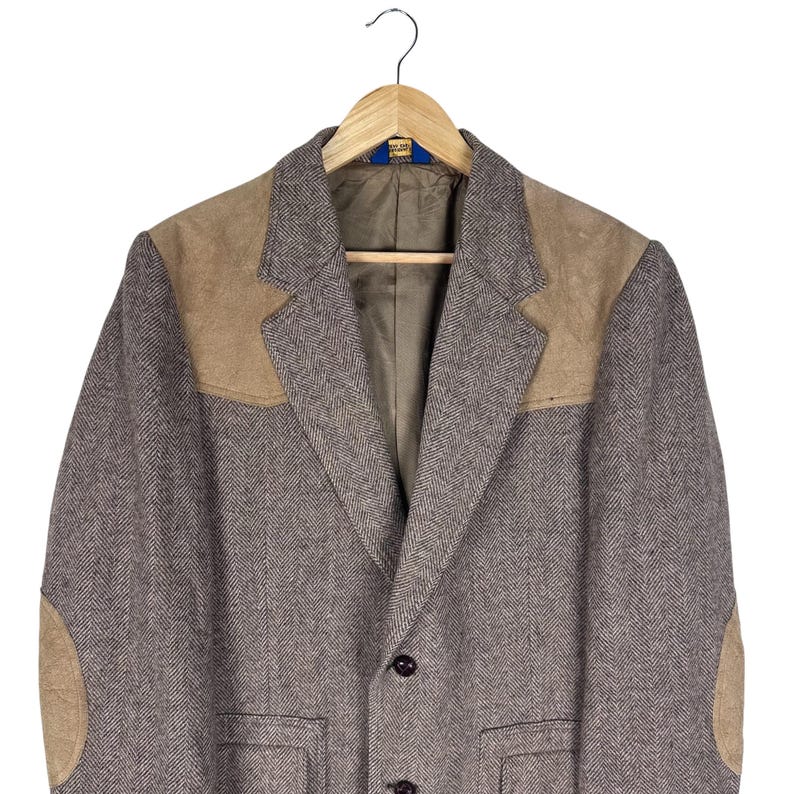 70s Pendleton Wool Blazer, Brown Herringbone Tweed Sport Coat, Suede Yoke Patches image 2