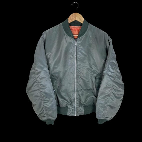 Uniqlo, Vintage Uniqlo MA-1 Bomber Jacket Sage Green Flight Jacket Orange Lining Size (L)