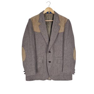 Jaren 70 Pendleton-wollen blazer, bruine sportjas van tweed visgraat, suède jukpatches