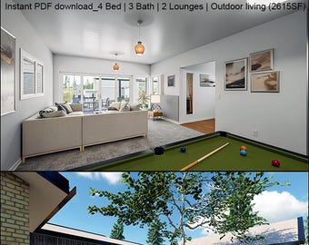 Casa de 2615 pies cuadrados (88’ x 47’). Planos de diseño conceptual. 4 dormitorios, 2 baños, amplia terraza, garaje doble. Descarga instantánea en PDF.