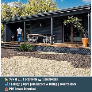 May include: A dark gray house with a covered wooden deck, outdoor furniture, and a gravel yard. Text includes: 325 SF, 1 Bedrooms, 1 Bathrooms, 1 Lounge, Open plan kitchen & Dining, Covered deck, PDF Instant Download, URBAN DRAFT STUDIO / VIZMEDIA.