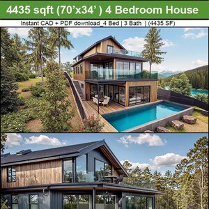 May include: A 4435 sqft 4 bedroom house design with 3 baths, featuring a multi-level structure with wood siding, large glass windows, a swimming pool, and a wooden deck. The text reads 4435 sqft (70'x34') 4 Bedroom House and Instant CAD + PDF download_4 Bed | 3 Bath | (4435 SF).