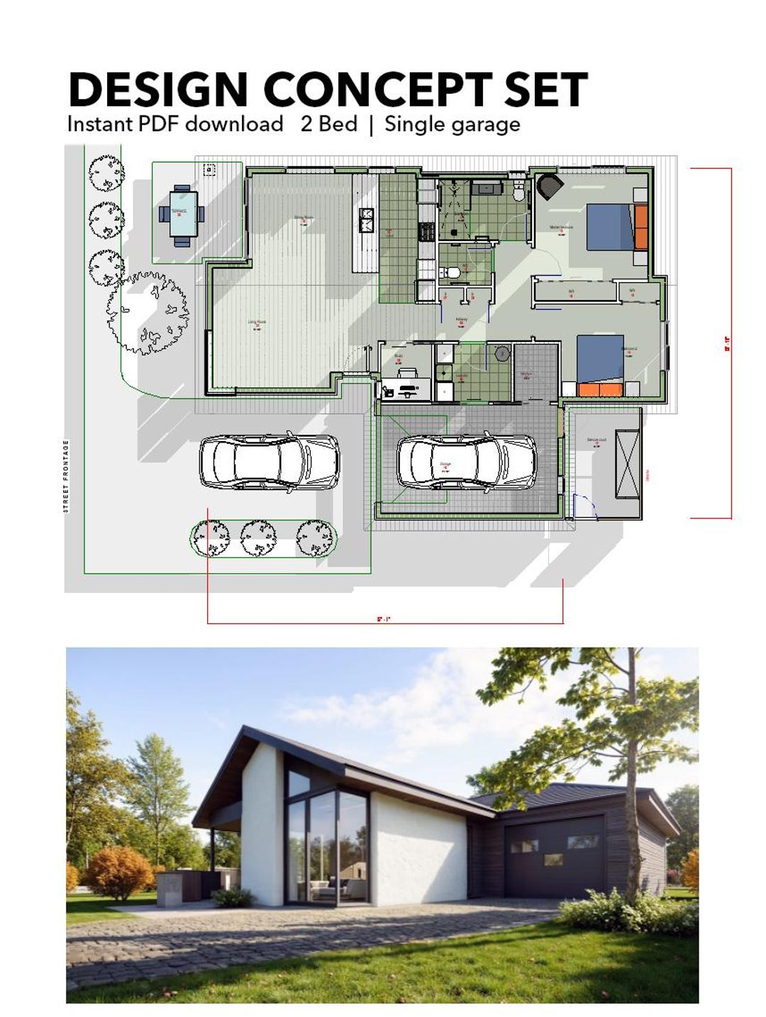 2 Bedrooms, 1 Bathroom, 1 Car Garage (1345SF) ADU- Concept House Design ...