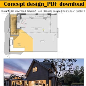 May include: A concept design PDF download featuring a house plan and an exterior photo. The house plan includes a double garage, office, and games room. The exterior photo shows a modern house with a garage and a white SUV parked inside.