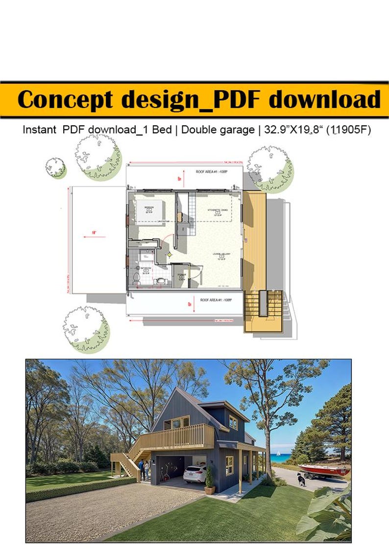 1 Bedroom ADU Floor Plan, 2 Car Garage Apartment Design (PDF Download ...