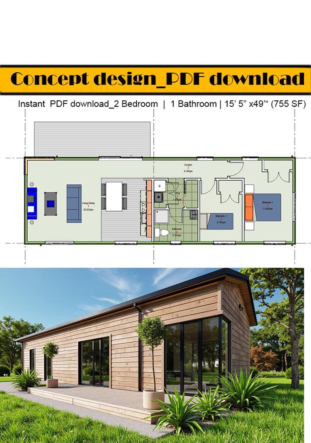 2 Bedroom, 1 Bathroom, (755SF) (ADU) Tiny House Floor Plan, Full PDF ...