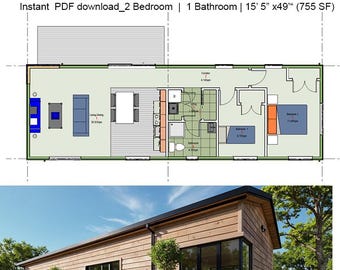 Planimetria di una mini casa con 2 camere da letto e 1 bagno (755 piedi quadrati) (ADU), download digitale completo in PDF.