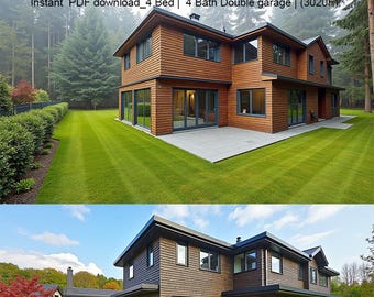 Casa de 284 m² (35' x 57'). Planos de diseño conceptual. 4 dormitorios, 3 baños, oficina grande, 2 salas de estar, garaje doble. Descarga instantánea en PDF.