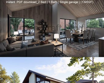Diseño conceptual de una vivienda accesoria (ADU) de 1345 pies cuadrados (66' x 38'). Planos para una casa independiente de 2 dormitorios en formato PDF + CAD (descarga instantánea).