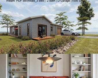 Planos de construcción de una vivienda accesoria (ADU) de 1555 pies cuadrados (52’X34’) para una casa independiente de 3 habitaciones. Descarga instantánea en formato PDF.