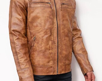 Chaqueta de cuero color canela con hombreras acolchadas: cuero genuino de primera calidad, artesanía artesanal (duradera, disponible en varias tallas)