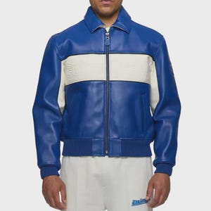 handmade InspiredLeather Jacket: Avirex Super Spider Racing Design - Blue Real Leather, Soft Lining, Zipper Closure, Pockets for Motor Fans image 3