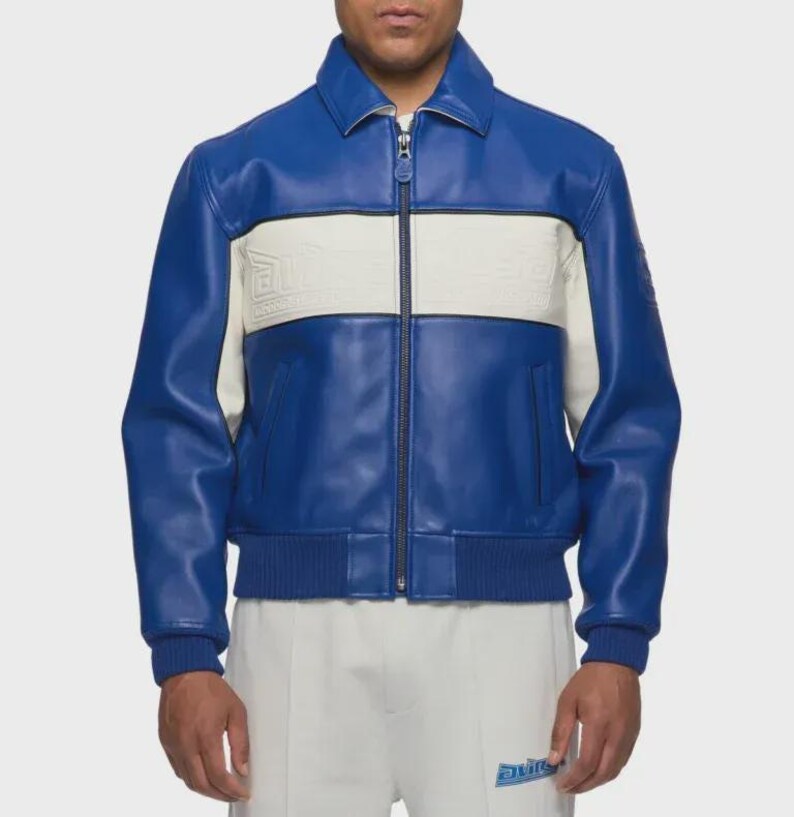handmade InspiredLeather Jacket: Avirex Super Spider Racing Design - Blue Real Leather, Soft Lining, Zipper Closure, Pockets for Motor Fans image 3