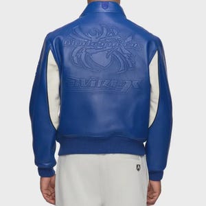 handmade InspiredLeather Jacket: Avirex Super Spider Racing Design - Blue Real Leather, Soft Lining, Zipper Closure, Pockets for Motor Fans image 4