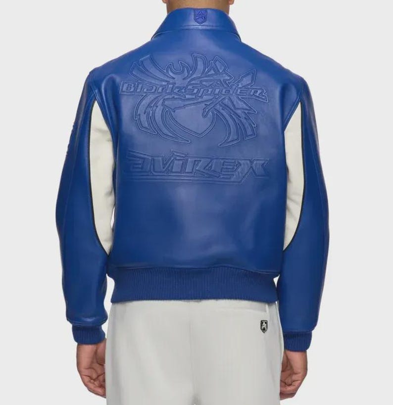 handmade InspiredLeather Jacket: Avirex Super Spider Racing Design - Blue Real Leather, Soft Lining, Zipper Closure, Pockets for Motor Fans image 4