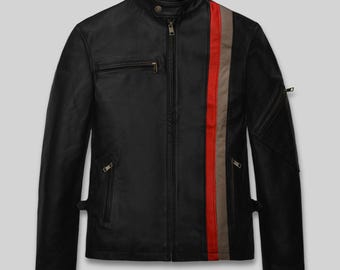 Chaqueta de cuero para hombre en rojo y gris – Estilo motero con doble raya – Cuello con cierre de botón a presión – Piel de oveja Napa de primera calidad