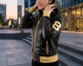 8 Ball Black Leather Bomber Jacket: David Puddy Inspired, Gold Detail