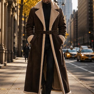 May include: A long, dark brown coat featuring a wide, cream-colored shearling lapel and matching shearling cuffs. The coat includes a matching brown belt with a buckle at the waist, a full-length design, and a soft, textured exterior finish.