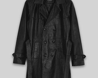 handmade Inspired 1970s Trench Coat - Vintage Inspired Leather Overcoat - Handmade Nappa, Structured Fit, Long Length, Women’s Outerwear