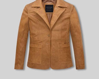 Blazer minimalista de piel napa para mujer de los años 90 - Chaqueta de piel auténtica entallada hecha a mano - Abrigo clásico de estilo urbano para la oficina