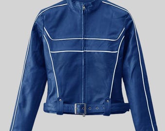 Women’s blue Napa Leather Biker Jacket - Slim Fit Genuine Leather Moto Coat - Handmade Modern Fairytale Style Outerwear